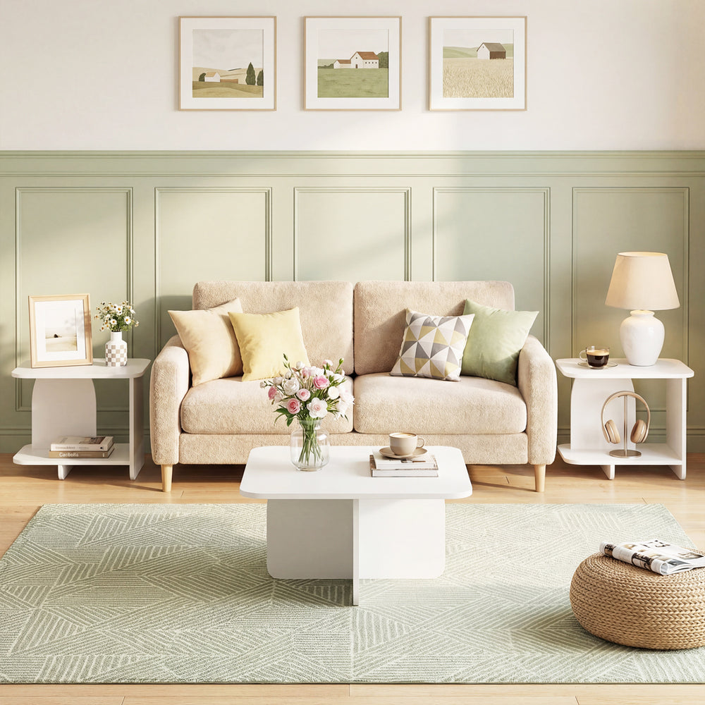 Set of 2 white 2-tier end tables with rounded corners and storage shelves, perfect for living room or bedroom use.