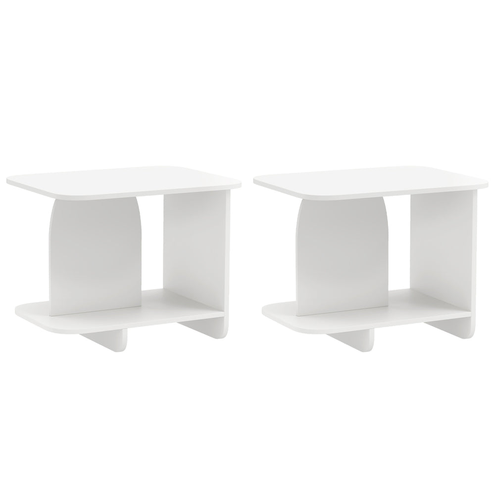 Set of 2 white end tables featuring a 2-tier design with rounded corners and storage shelves for versatile use.
