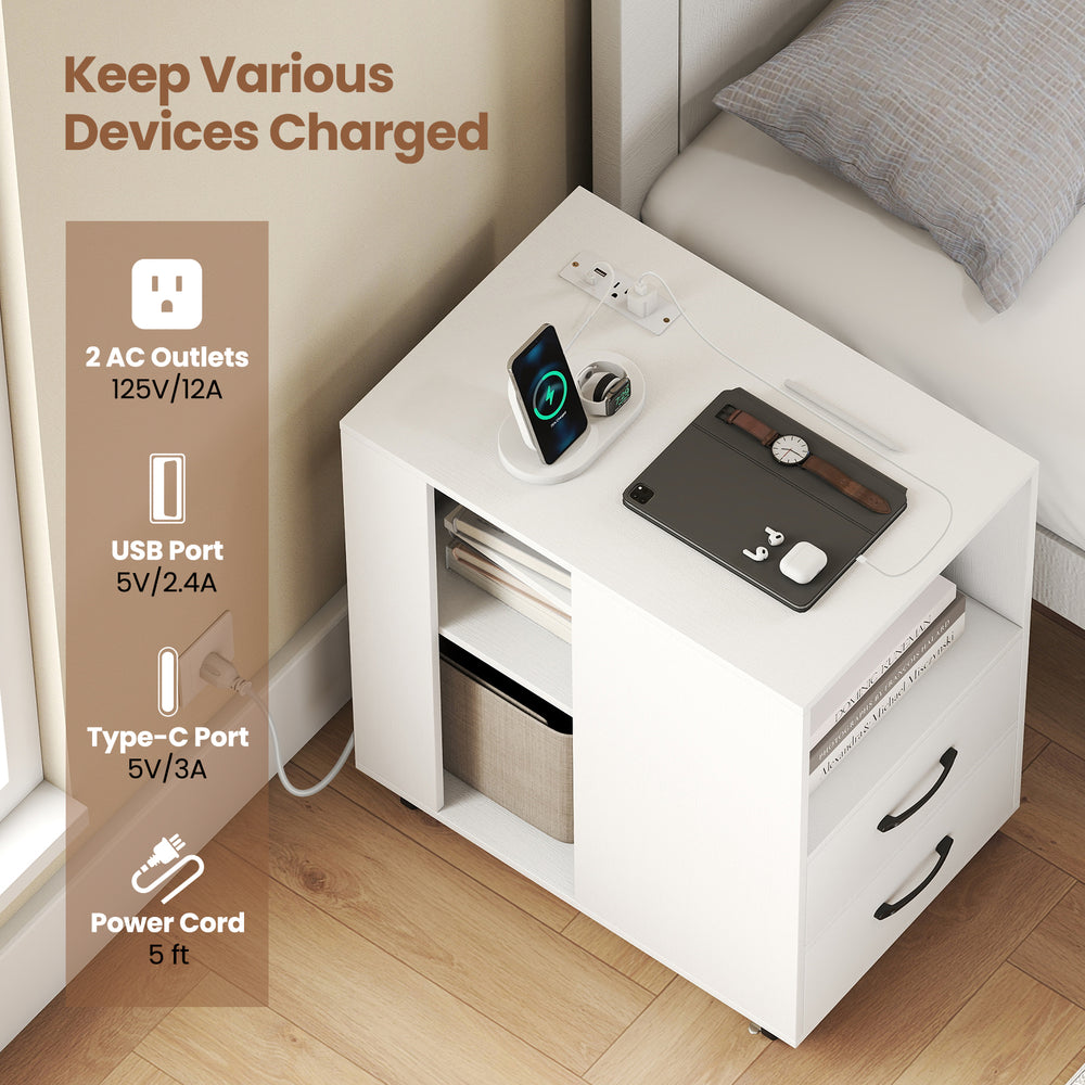 End table with built-in charging station, featuring 2 AC outlets, USB port, and spacious storage for versatile use.