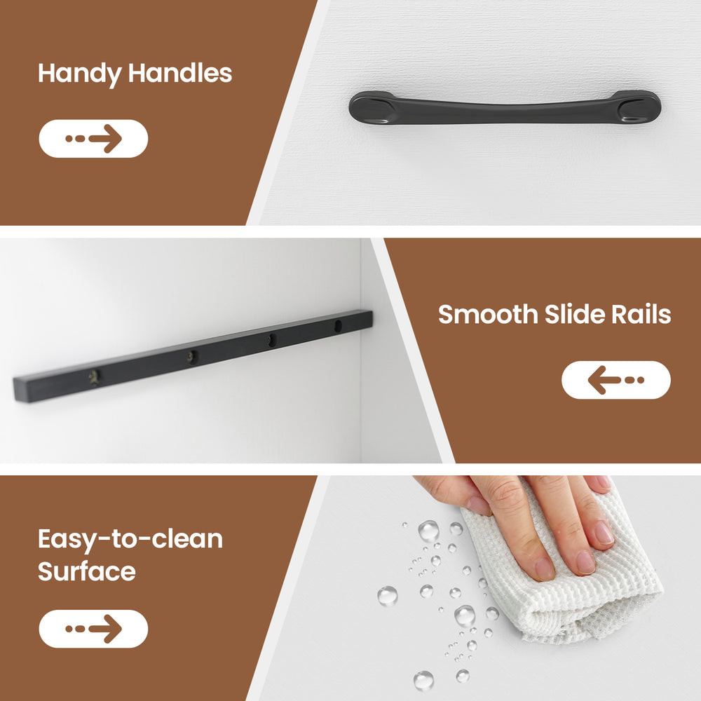 Handy handles and smooth slide rails on the white end table with built-in charging station for easy drawer access.