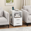 End table on wheels in white with built-in charging station, two drawers, and three open shelves for versatile storage.