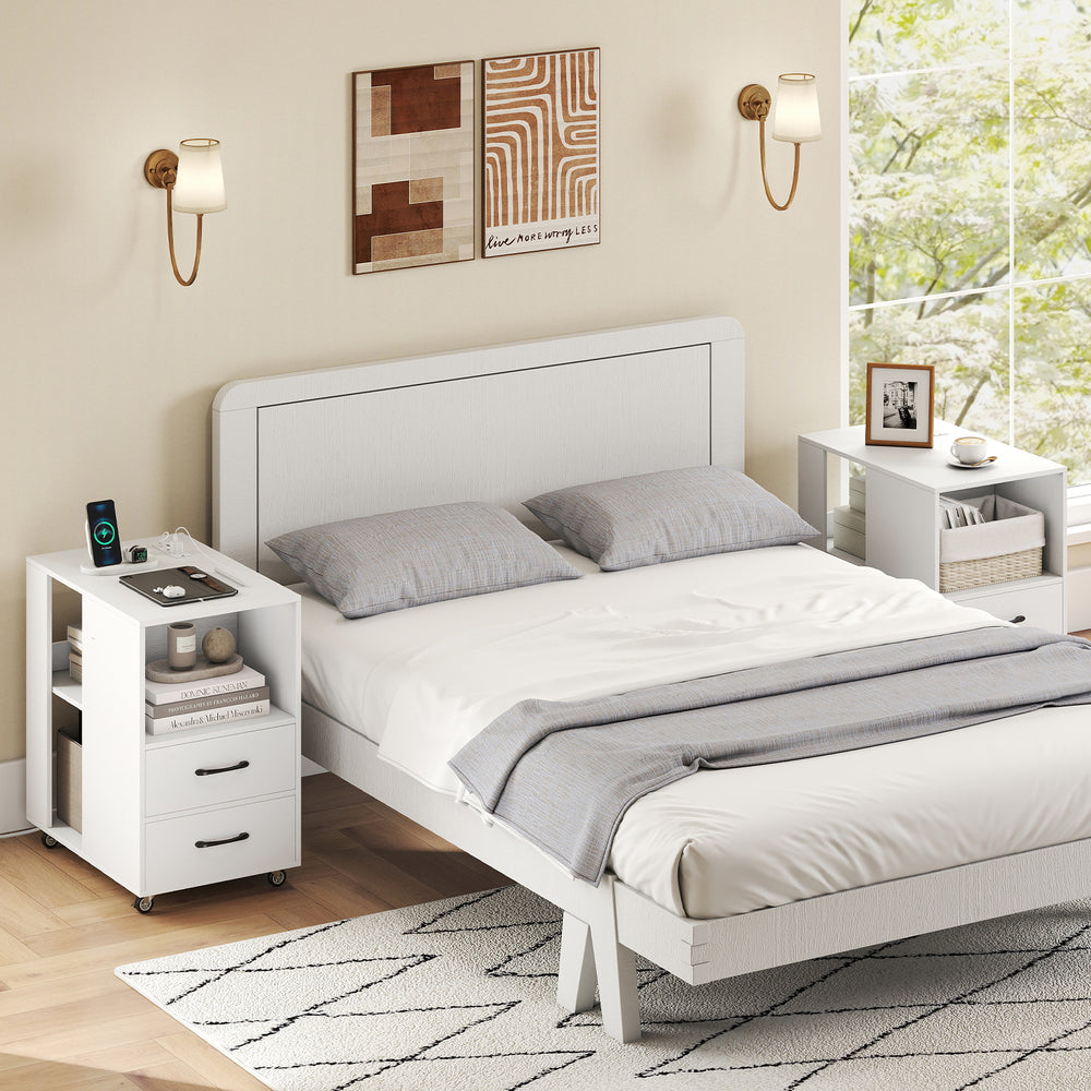White end table on wheels featuring a built-in charging station, two drawers, and three open shelves for versatile.
