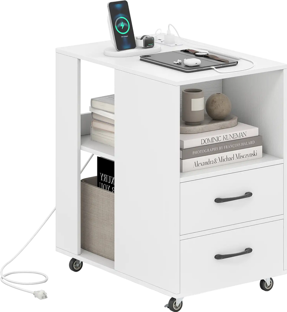 End table on wheels in white with built-in charging station, two drawers, and open shelves for versatile storage.