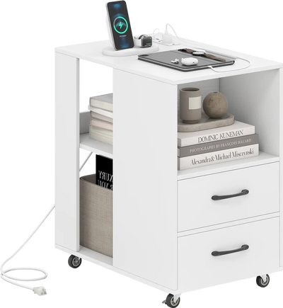 Costway End Table Built-in Charging Station Sofa Side Bedside Table on Wheels 36839718 New