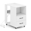 White end table on wheels showcasing a sleek design, featuring two pull-out drawers and three open shelves for.