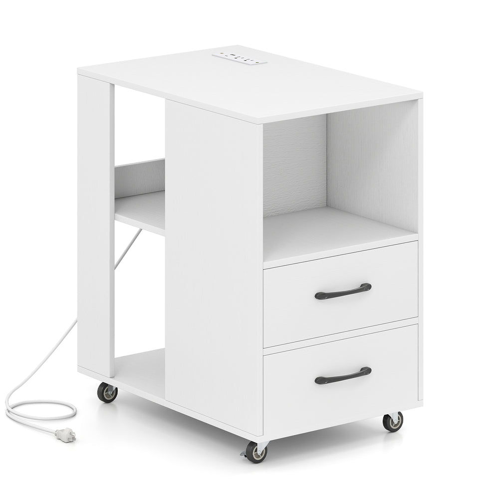 White end table on wheels showcasing a sleek design, featuring two pull-out drawers and three open shelves for.