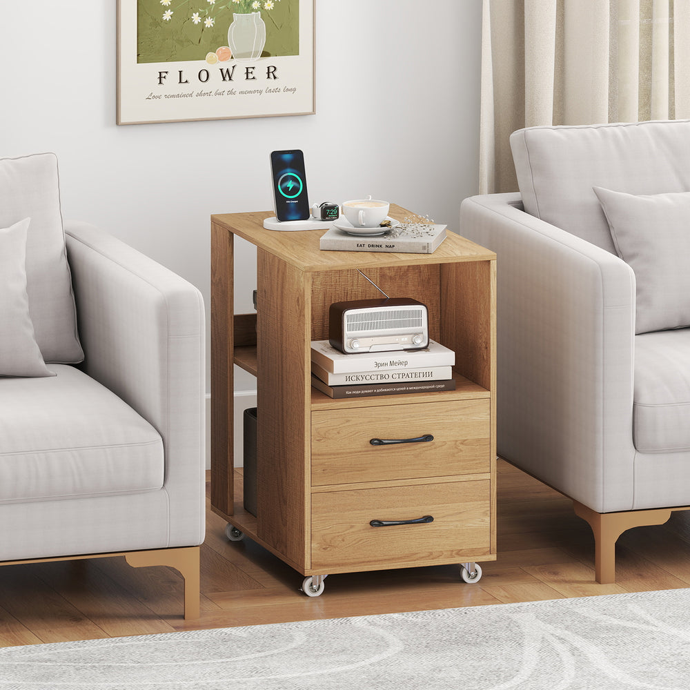 End Table with Built-in Charging Station Sofa Side Bedside Table on Wheels-Natural - Gallery View 1 of 10