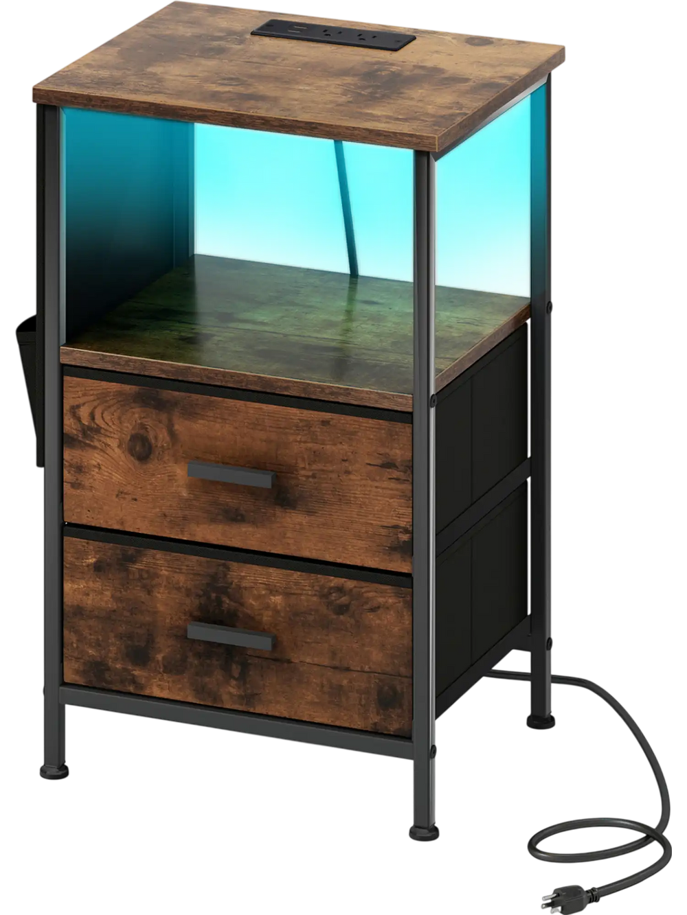 End table with charging station, featuring 2 fabric drawers and LED lights, perfect for bedrooms or living rooms.