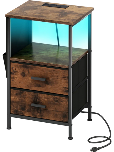 Costway End Table Nightstand w/ Charging Station Folding Fabric Drawers 56301299 New