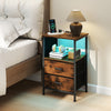 End table with charging station, featuring 2 fabric drawers and LED lights, ideal for bedroom or living room use.