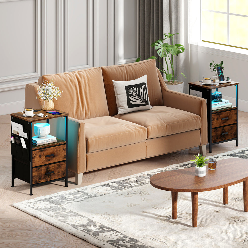 End table with charging station featuring a spacious tabletop, two folding fabric drawers, and built-in USB ports for.