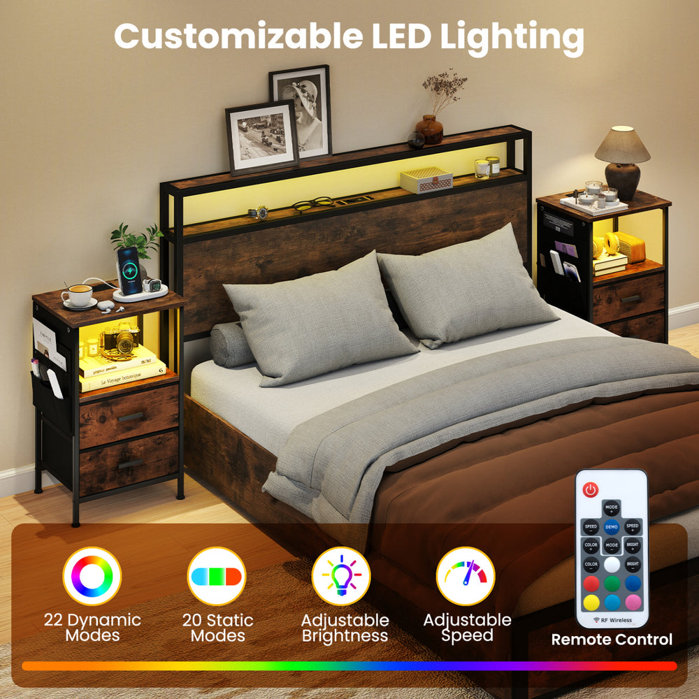 End table with charging station, featuring 2 fabric drawers and customizable LED lighting for versatile bedroom use.