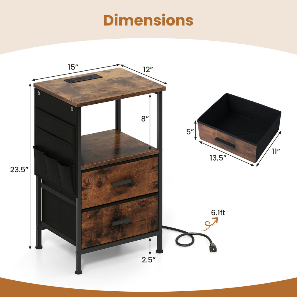 End table with charging station featuring a spacious tabletop, two fabric drawers, and built-in power outlets for.