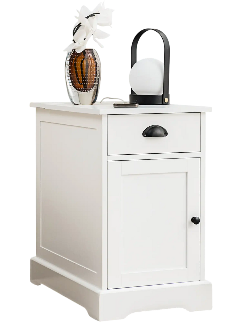 White end table with charging station, featuring a flip top, drawer, and USB ports, perfect for living room or bedroom.