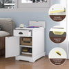 White end table with charging station, featuring a flip top, slide-out drawer, and cabinet for organized storage.