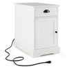 White end table with charging station, featuring a flip top, drawer, and cabinet for organized storage in limited.
