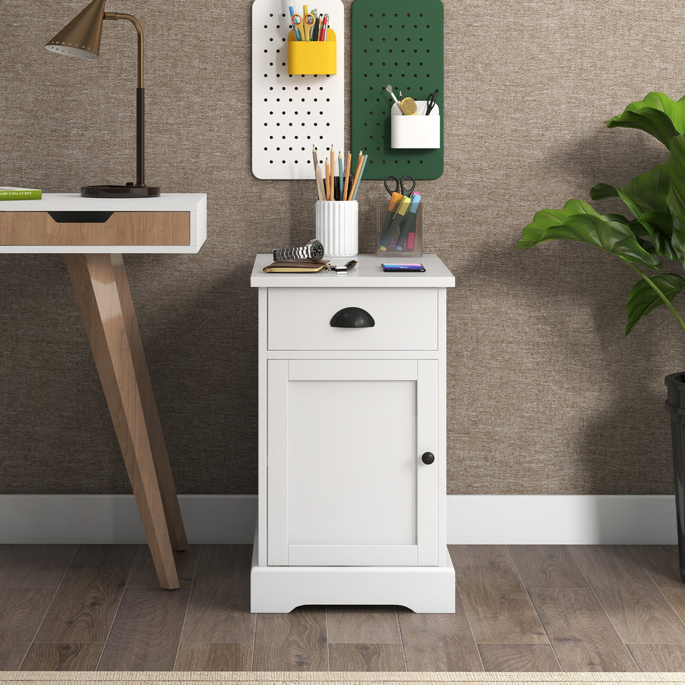 White end table with charging station, flip top, drawer, and cabinet, ideal for living room or bedroom use.