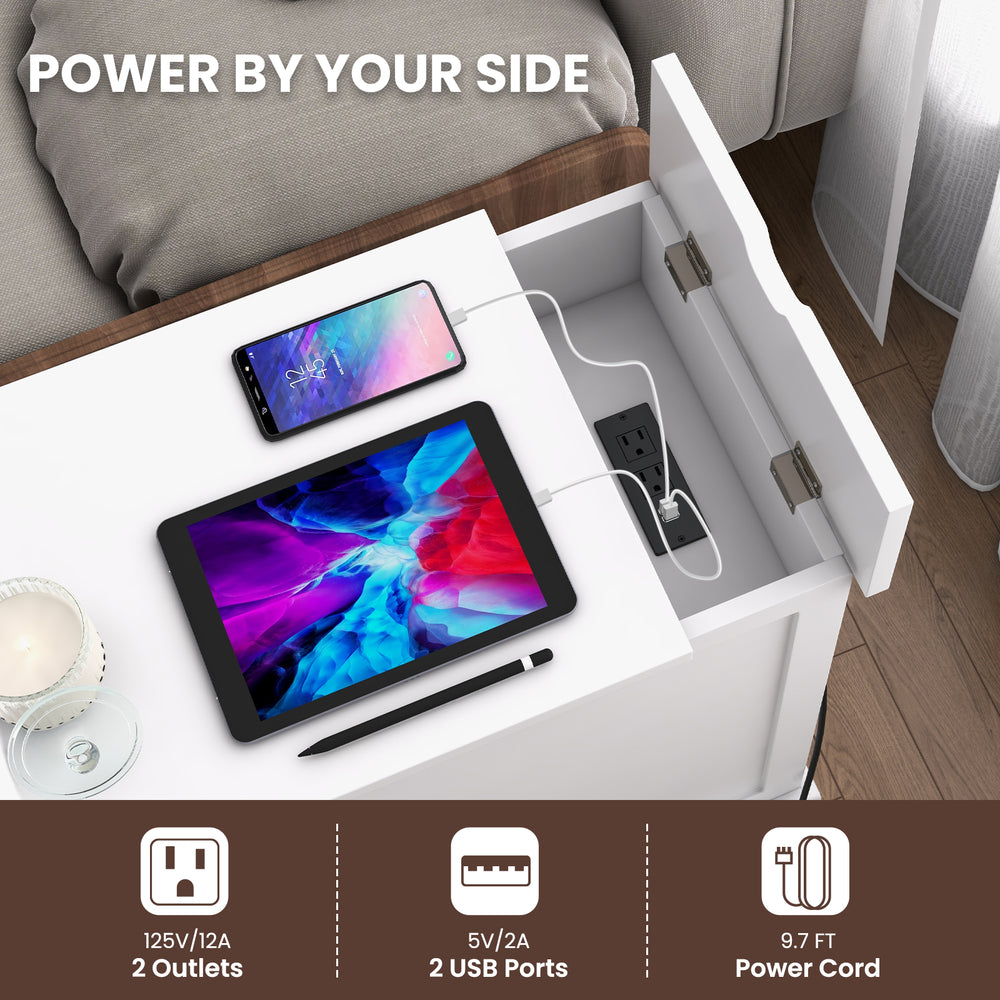 End table with charging station featuring 2 outlets, 2 USB ports, and a flip top for easy access in white finish.