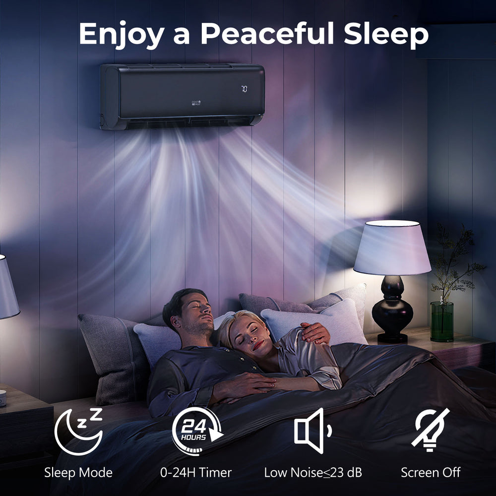 Mini split air conditioner and heater in gray, featuring sleep mode, low noise, and 0-24 hour timer for comfort.