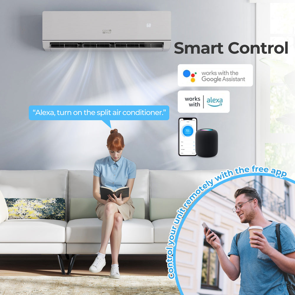 Mini split heat pump with smart control, 18000 BTU, ENERGY STAR certified, for efficient heating and cooling.