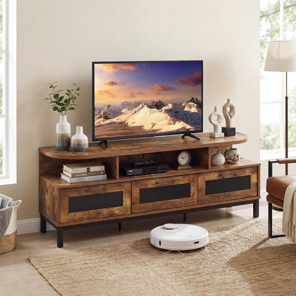 Entertainment Center with 3 Storage Drawers and Open Shelves-Rustic Brown - Gallery View 1 of 10