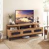 Entertainment center in natural finish with 3 storage drawers and open shelves, perfect for living room organization.