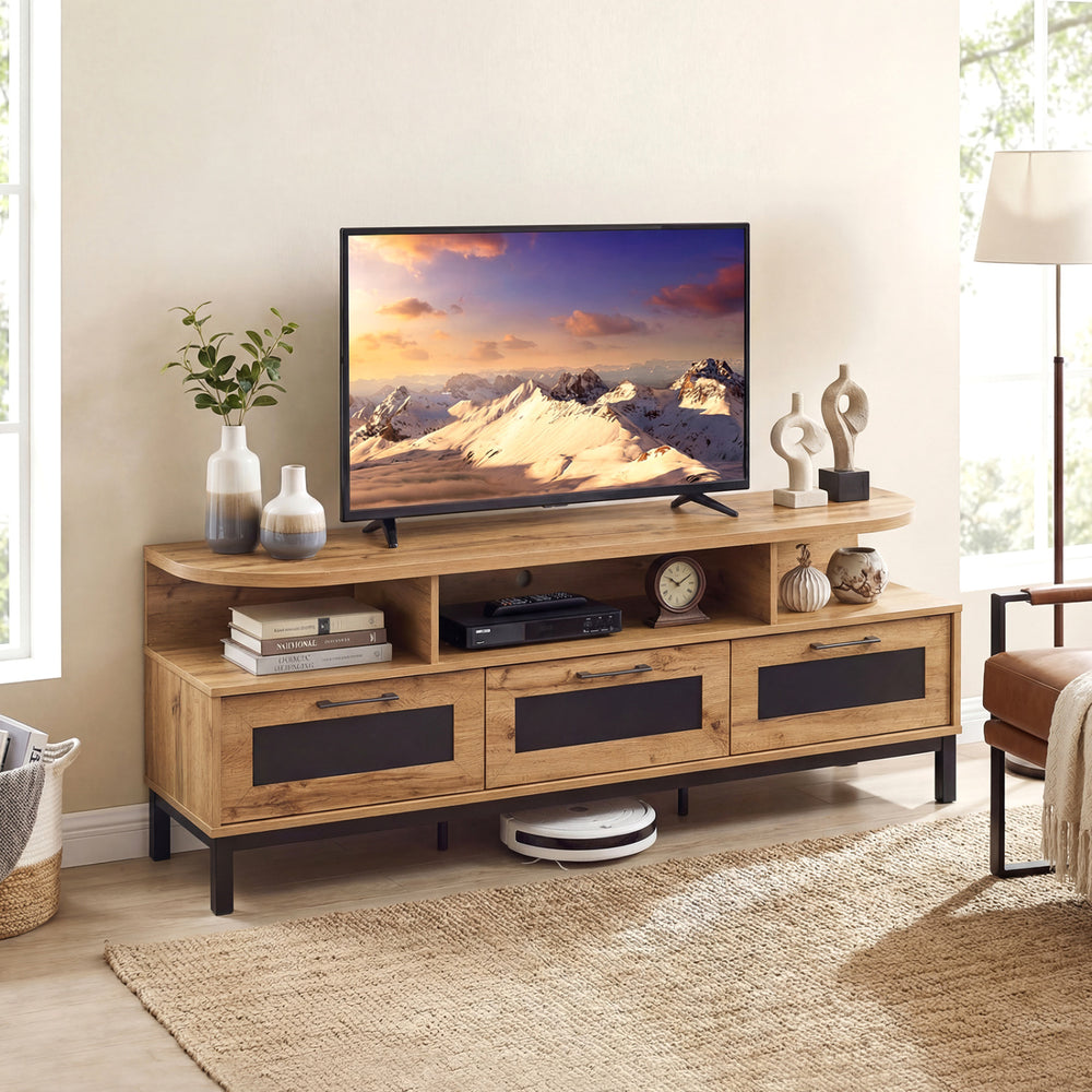 Entertainment center in natural finish with 3 storage drawers and open shelves, perfect for living room organization.