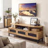 Natural entertainment center featuring 3 storage drawers and open shelves, ideal for living room organization and TV.