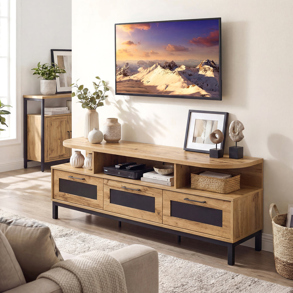 Natural entertainment center featuring 3 storage drawers and open shelves, ideal for living room organization and TV.
