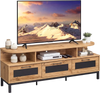 Entertainment center in natural finish with 3 storage drawers and open shelves, suitable for TVs up to 75 inches.