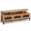 Entertainment center with rounded corners in natural finish, featuring open shelves and spacious tabletop for media.