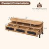 Entertainment center dimensions showing natural wood finish, three storage drawers, and open shelves for versatile use.