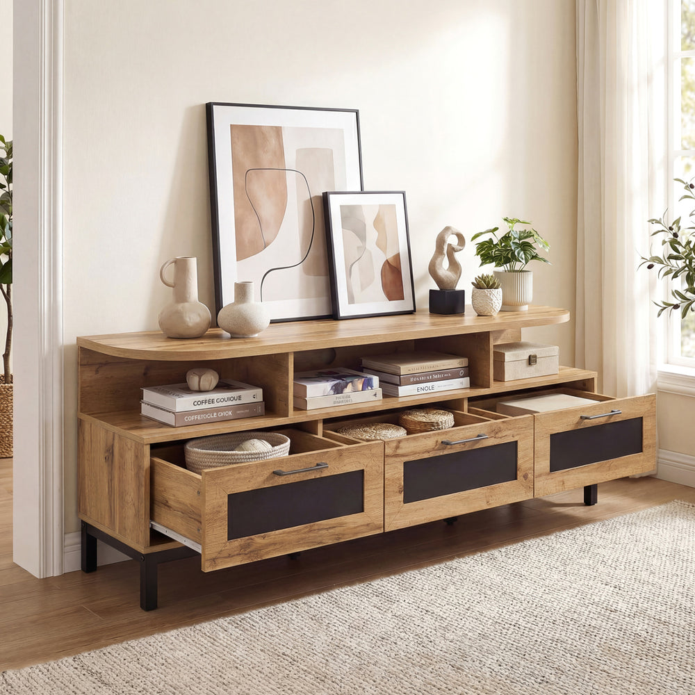 Entertainment center showcasing a spacious natural wood tabletop, perfect for displaying decor and organizing media.