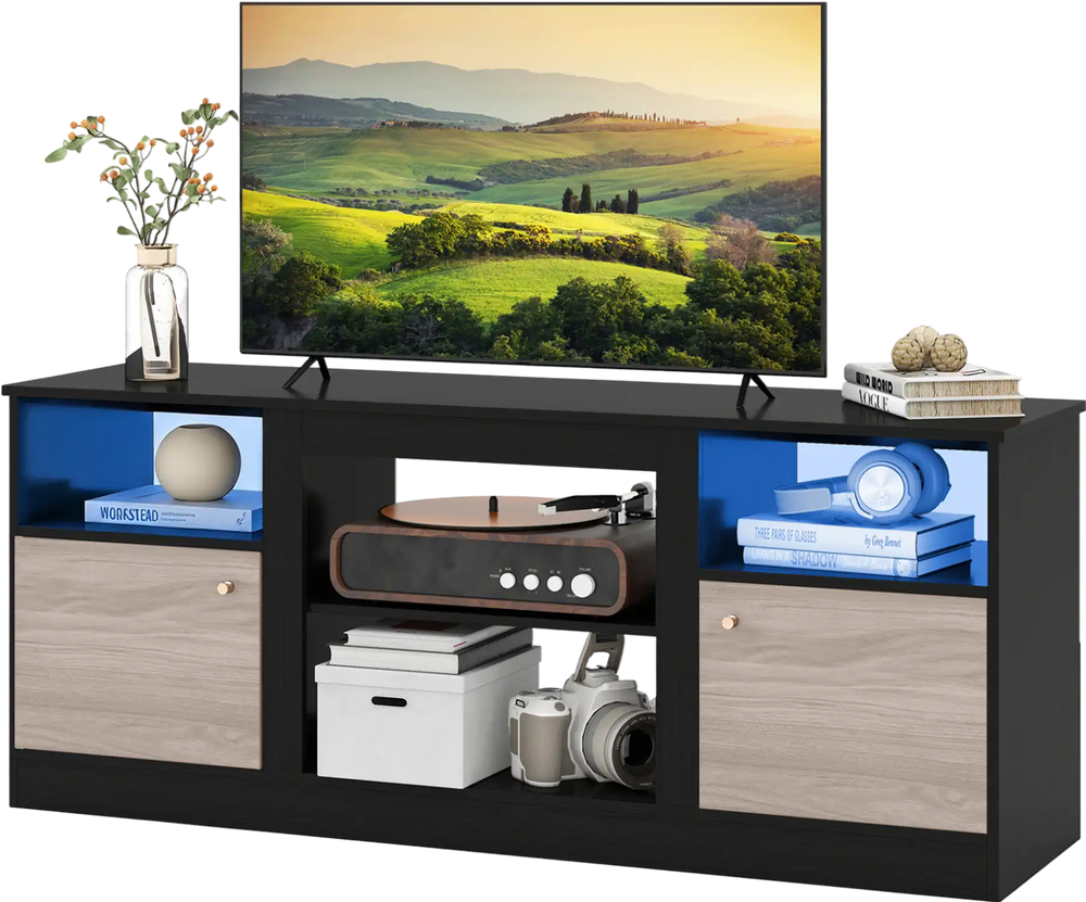Entertainment center in black with adjustable shelf, RGB LED lighting, and storage for TVs up to 65” for stylish.