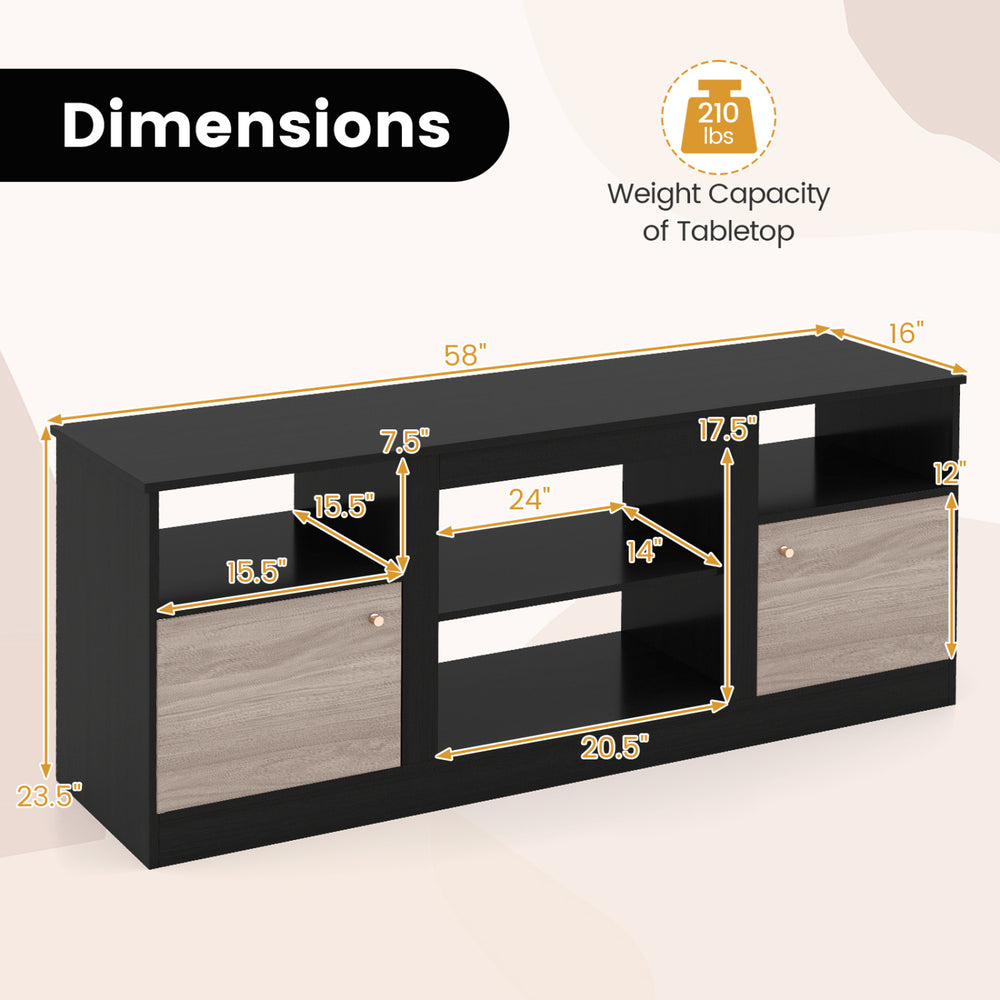 Dimensions of the black entertainment center with adjustable shelf, designed for 65” TVs, featuring storage cabinets.