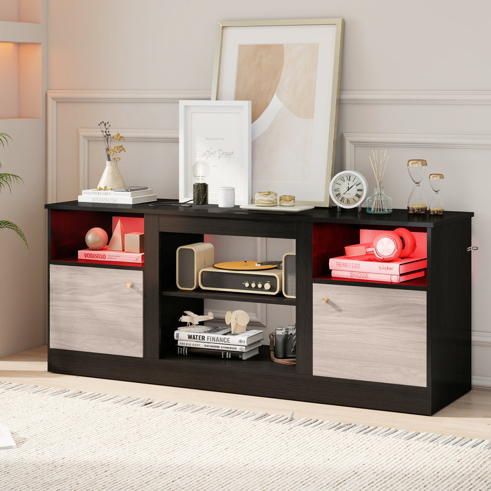 Entertainment center in black with adjustable shelf, RGB LED lighting, and storage for TVs up to 65” for stylish living.