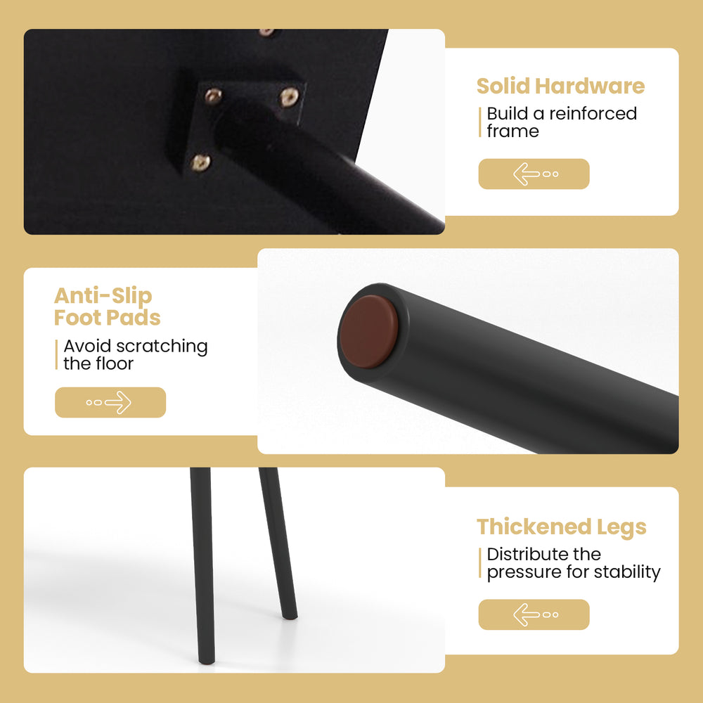 Close-up of the thickened legs of a black entryway bench, featuring anti-slip foot pads for stability and floor.