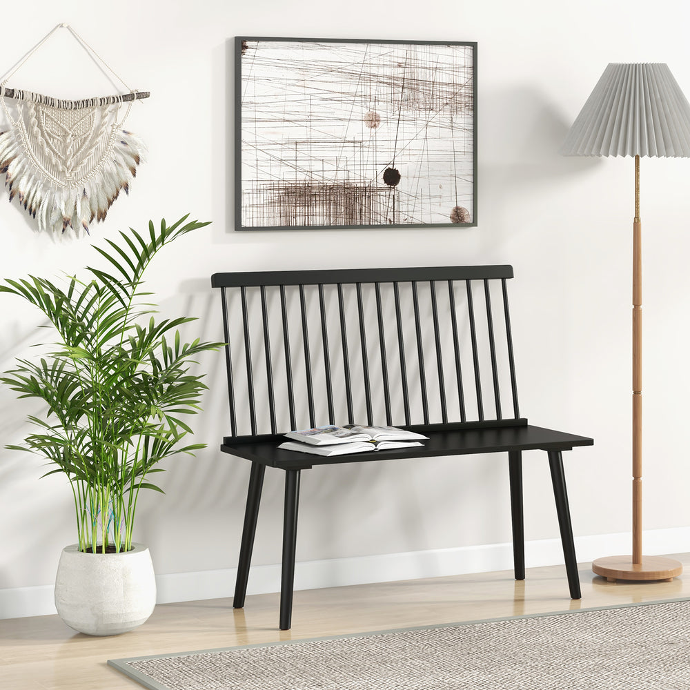 Black entryway bench for 2 with spindle backrest, made of solid rubber wood, perfect for kitchen or hallway use.