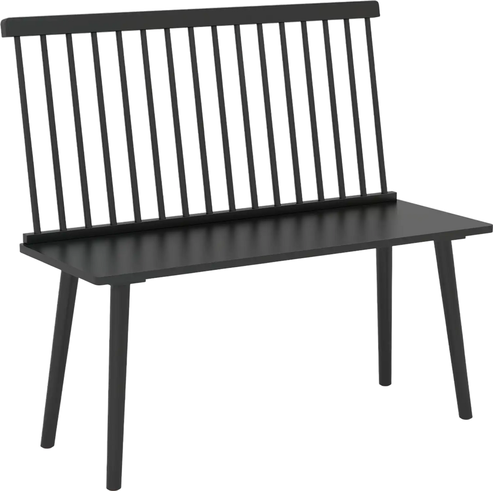 Black entryway bench for 2 with spindle backrest, made of solid rubber wood, ideal for kitchen or dining room use.