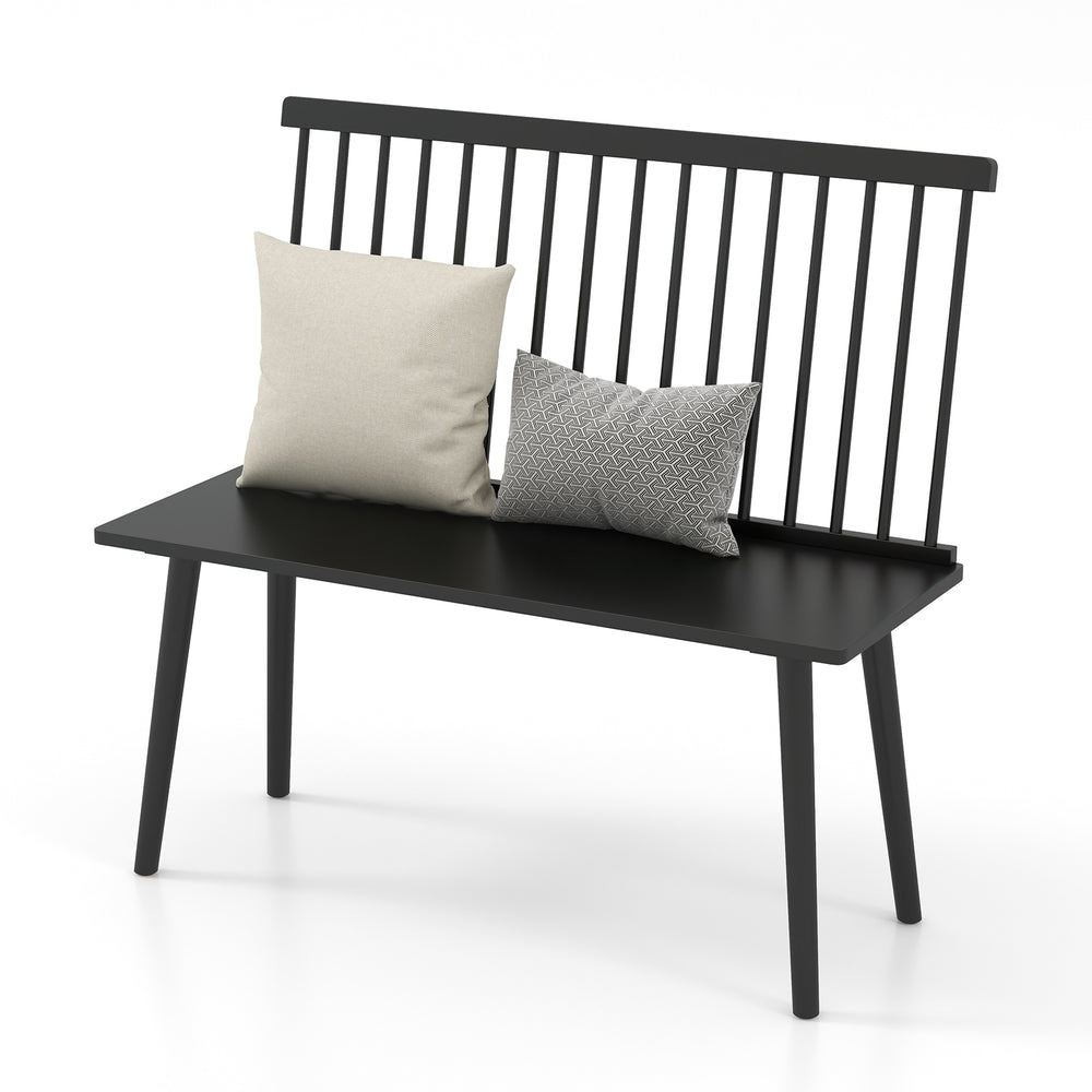 Black entryway bench for 2 with spindle backrest, featuring ergonomic design and two decorative cushions for added.