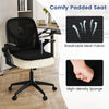 Ergonomic black computer desk chair with breathable mesh fabric, padded seat, and flip-up arms for space-saving.