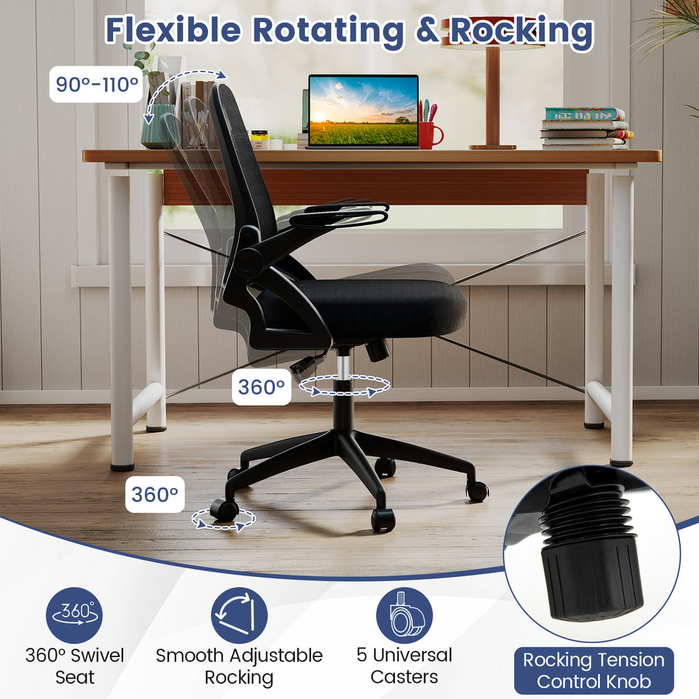 Ergonomic black desk chair with lumbar support, flip-up arms, and 360° swivel for comfortable office use.