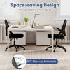 Ergonomic black computer desk chair with lumbar support and 90° flip-up armrests for space-saving convenience.