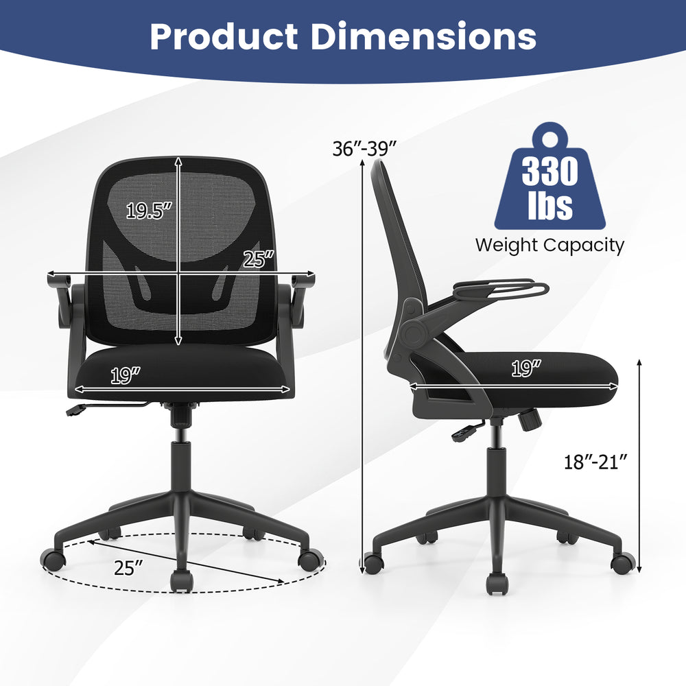 Ergonomic black computer desk chair with lumbar support, height-adjustable, and flip-up arms for space-saving.
