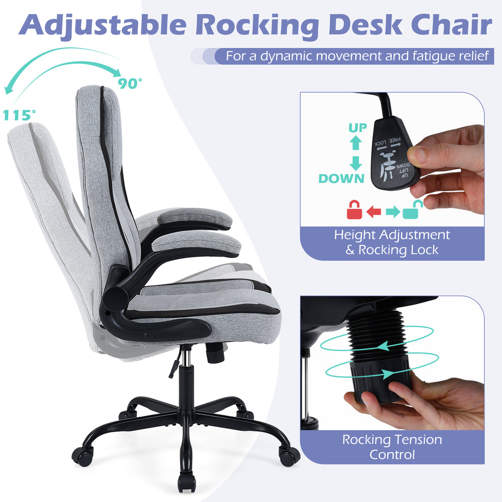 Ergonomic gray office chair with 90° flip-up armrests, height adjustment, and rocking tension control for comfort and.