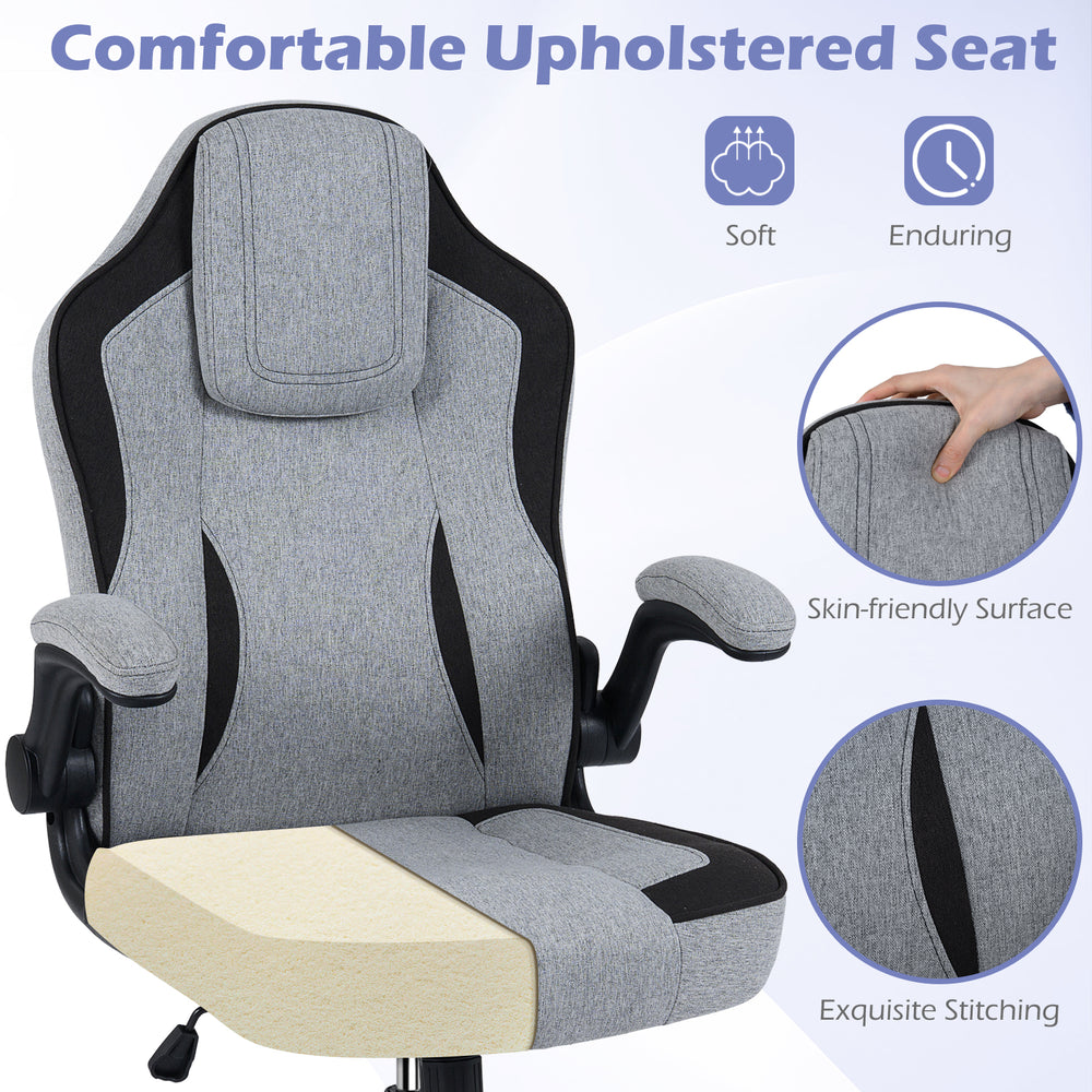 Ergonomic gray office chair with comfortable upholstered seat, 90° flip-up armrests, and exquisite stitching for.