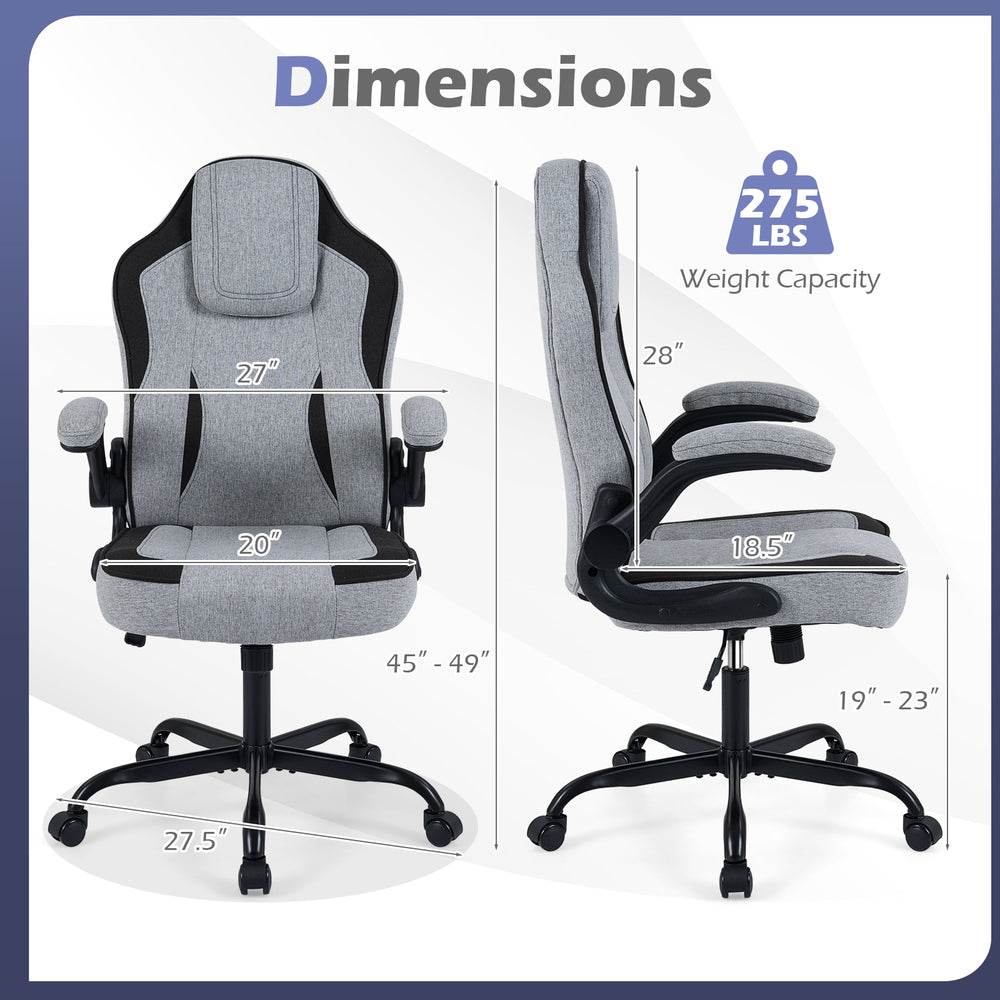 Ergonomic gray office chair with adjustable height, flip-up armrests, and dimensions for optimal comfort and support.