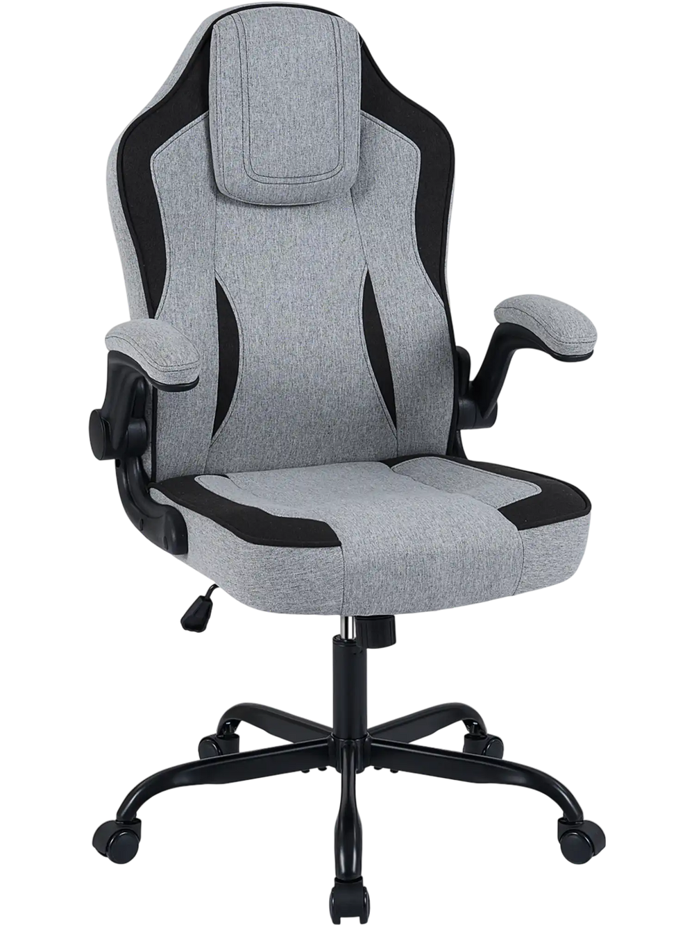 Gray ergonomic office chair featuring a high back and built-in headrest, designed for optimal spine alignment and.