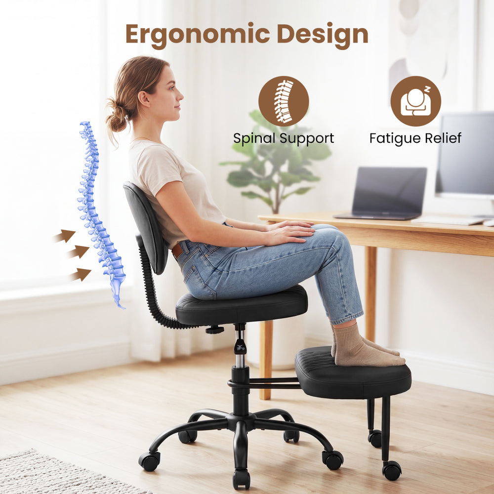 Ergonomic black office chair with height-adjustable seat, lumbar support, and rolling wheels for home office comfort.
