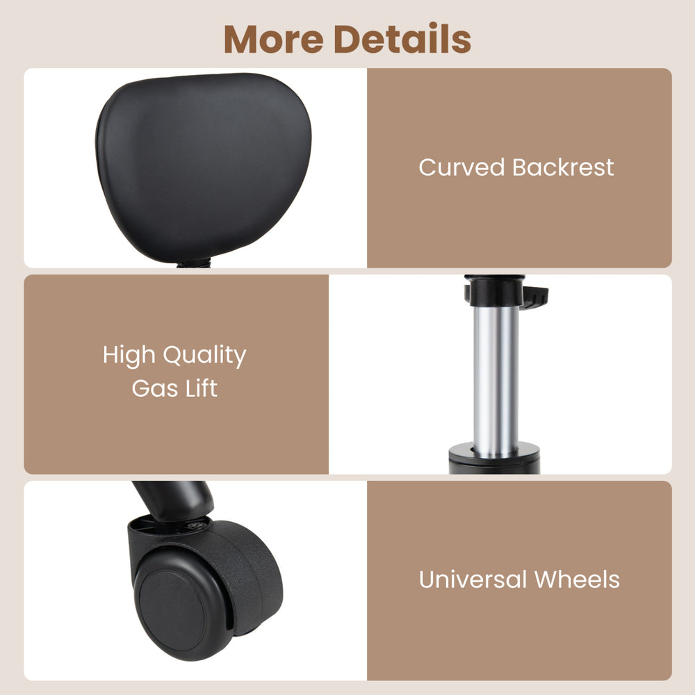 Curved backrest and premium gas lift of the black ergonomic office chair for adjustable comfort and support.